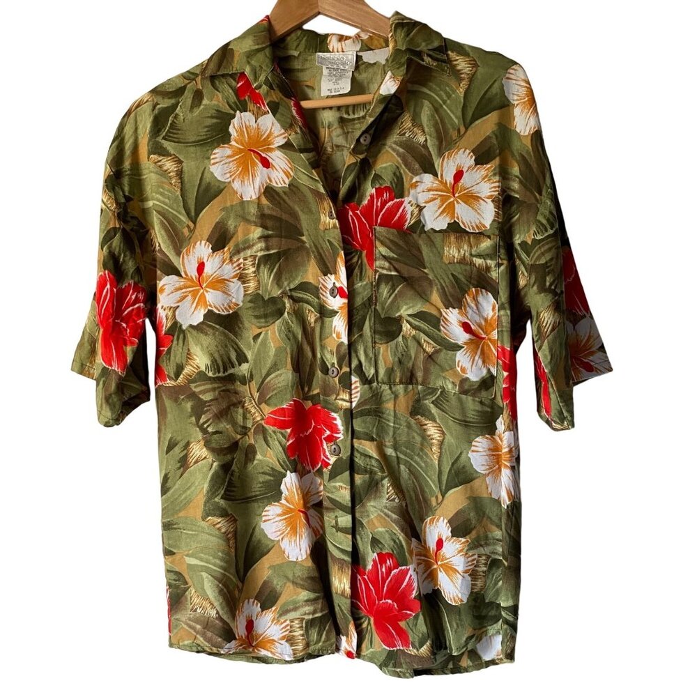 Bobbie B Hawaiian women S 8/10 short sleeve shirt‎  jungle hibiscus green USA